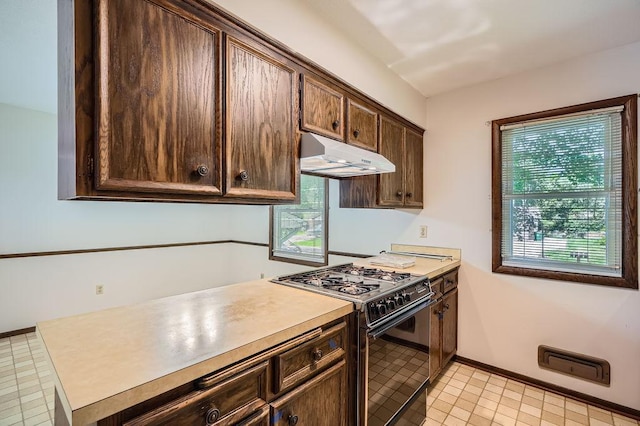 10465 Osage St NW, Coon Rapids, MN 55433 - kitchen featuring black gas stove, under cabinet range hood, dark brown cabinetry, and plenty of natural light