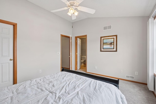 10612 172nd Ln NW, Elk River, MN 55330 - carpeted bedroom featuring vaulted ceiling, baseboards, connected bathroom, and a ceiling fan