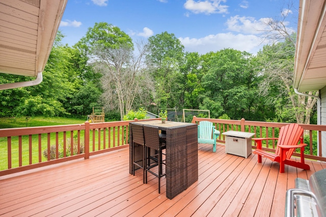 11788 65th Pl N, Maple Grove, MN 55369 - deck with view of scattered trees, a lawn, and outdoor dining area
