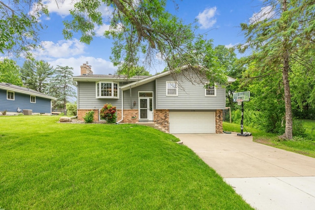 11788 65th Pl N, Maple Grove, MN 55369 - bi-level home featuring a garage, a chimney, a front lawn, driveway, and brick siding