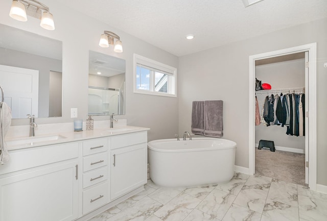 6016 Inskip Ave S, Cottage Grove, MN 55016 - bathroom with marble look tile flooring, a walk in closet, double vanity, a stall shower, and a freestanding bath