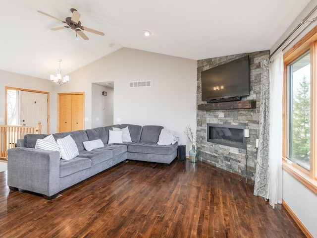 16850 Willowwood Cir SE, Prior Lake, MN 55372 - living room featuring vaulted ceiling, dark wood finished floors, a chandelier, healthy amount of natural light, and a ceiling fan