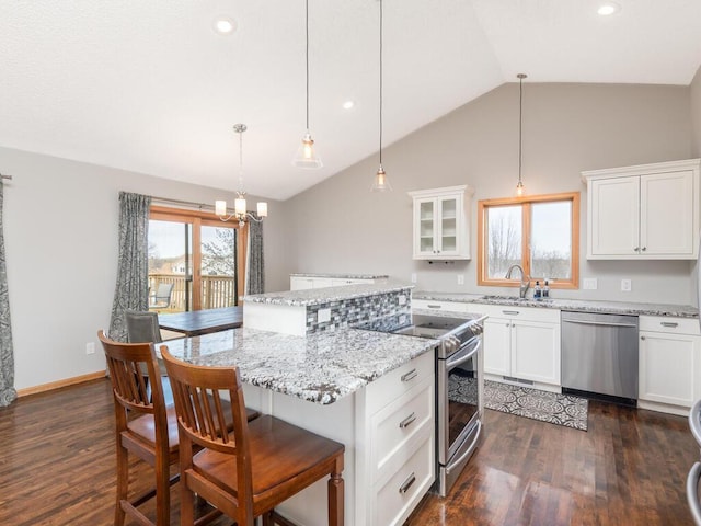 16850 Willowwood Cir SE, Prior Lake, MN 55372 - kitchen featuring stainless steel appliances, lofted ceiling, a sink, a chandelier, and dark wood-style floors
