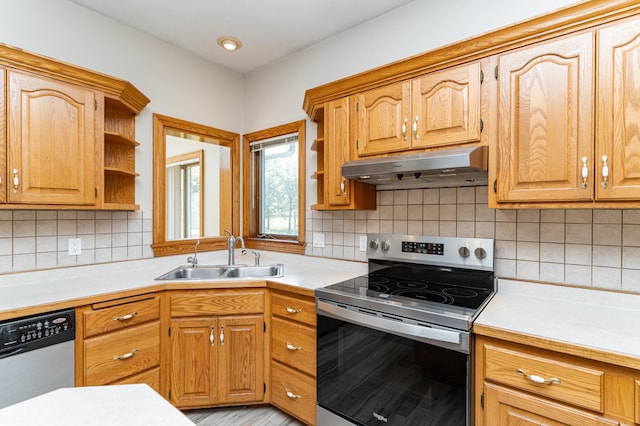2310 Wilshire Ln NE, Rochester, MN 55906 - kitchen with under cabinet range hood, appliances with stainless steel finishes, a sink, open shelves, and light countertops