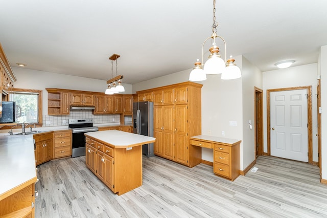 2310 Wilshire Ln NE, Rochester, MN 55906 - kitchen featuring appliances with stainless steel finishes, light countertops, under cabinet range hood, light wood-style floors, and open shelves