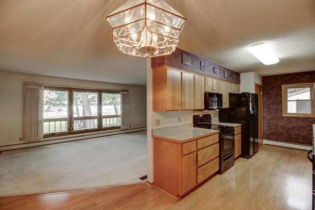 14070 County 18, Park Rapids, MN 56470 - kitchen featuring black appliances, a baseboard heating unit, baseboard heating, light wood finished floors, and baseboards