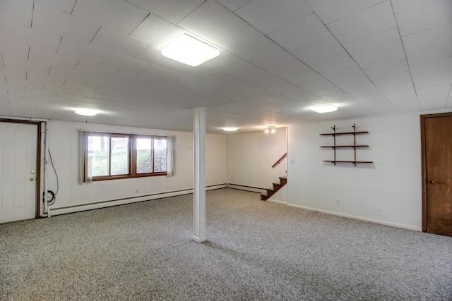 14070 County 18, Park Rapids, MN 56470 - basement featuring carpet floors, stairway, baseboards, and baseboard heating