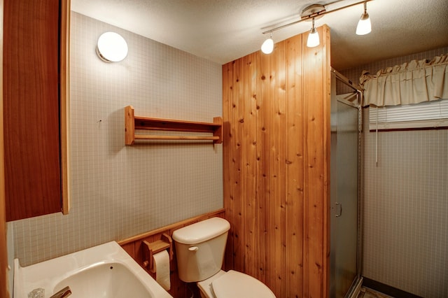 14070 County 18, Park Rapids, MN 56470 - bathroom featuring a shower stall, toilet, wallpapered walls, a textured ceiling, and a sink
