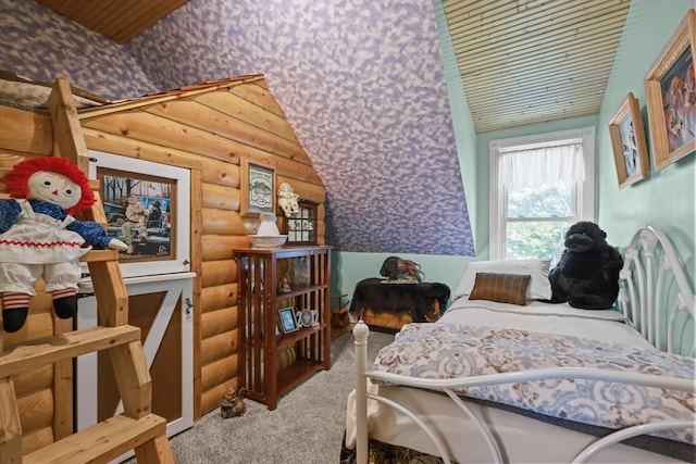 35301 Lily St NW, Springvale Twp, MN 55008 - carpeted bedroom featuring log walls and lofted ceiling