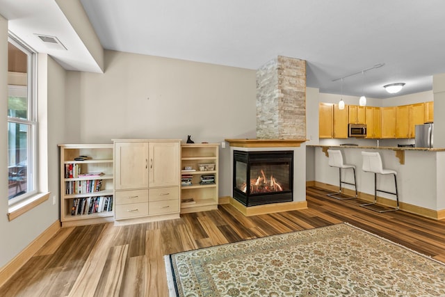 620 Main St N Unit 412, Stillwater, MN 55082 - living room featuring wood finished floors, a multi sided fireplace, and rail lighting