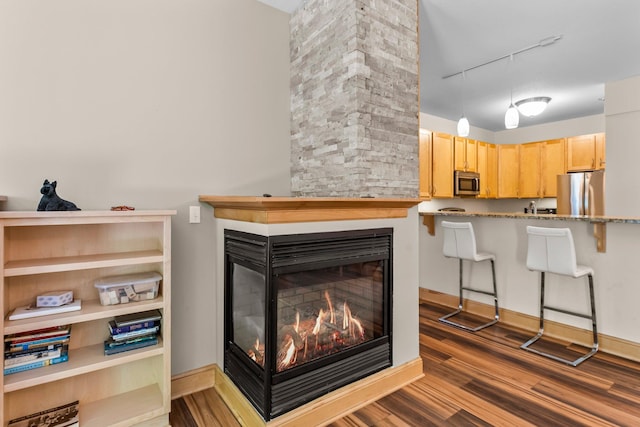 620 Main St N Unit 412, Stillwater, MN 55082 - detailed view of stainless steel appliances, track lighting, wood finished floors, and a multi sided fireplace