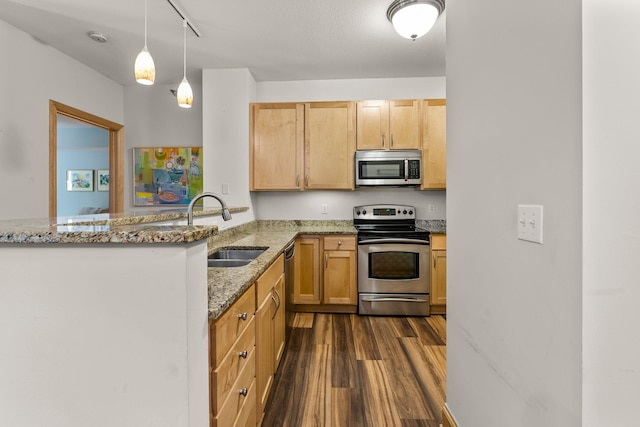 620 Main St N Unit 412, Stillwater, MN 55082 - kitchen featuring appliances with stainless steel finishes, dark wood-style flooring, light stone countertops, a peninsula, and hanging light fixtures