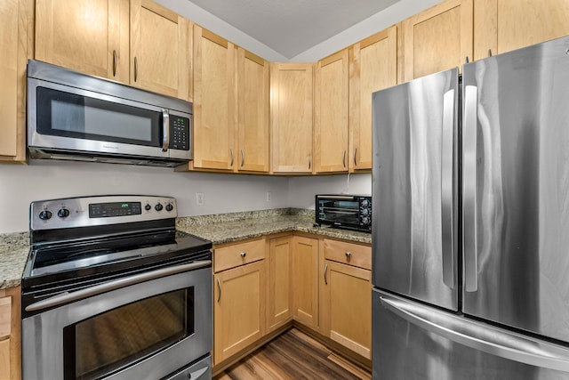 620 Main St N Unit 412, Stillwater, MN 55082 - kitchen with appliances with stainless steel finishes, dark wood finished floors, light brown cabinetry, and light stone counters