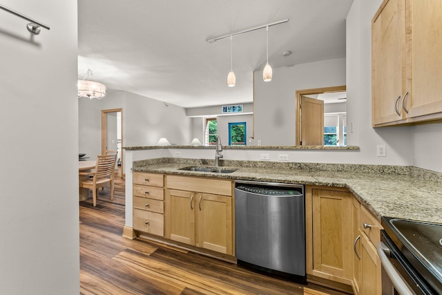 620 Main St N Unit 412, Stillwater, MN 55082 - kitchen featuring dishwasher, light brown cabinetry, dark wood finished floors, and a peninsula