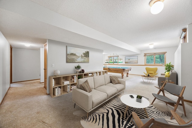 7813 111th St, Bloomington, MN 55438 - living room featuring billiards, a textured ceiling, and light carpet