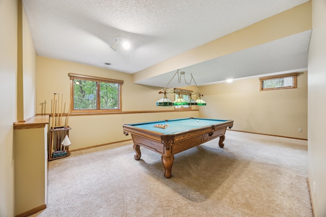 7813 111th St, Bloomington, MN 55438 - rec room featuring carpet floors, healthy amount of natural light, pool table, and a textured ceiling
