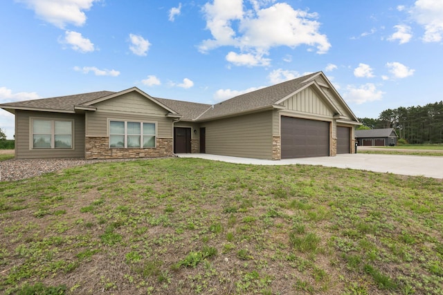 5855 281st Ave NW, Spencer Brook Twp, MN 55040 - single story home with an attached garage, stone siding, concrete driveway, and a front lawn