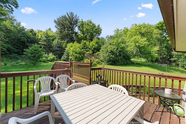 4427 Chatsworth St N, Shoreview, MN 55126 - wooden terrace with outdoor dining space and a lawn