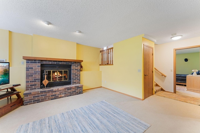4427 Chatsworth St N, Shoreview, MN 55126 - carpeted living area featuring a brick fireplace, stairway, and a textured ceiling