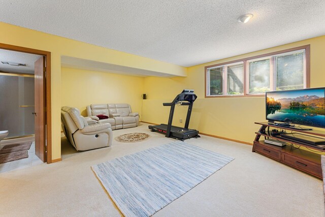 4427 Chatsworth St N, Shoreview, MN 55126 - carpeted living room featuring a textured ceiling and baseboards