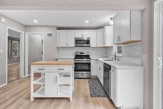 5814 Ewing Ave N, Brooklyn Center, MN 55429 - kitchen with appliances with stainless steel finishes, wood counters, light wood finished floors, backsplash, and white cabinets