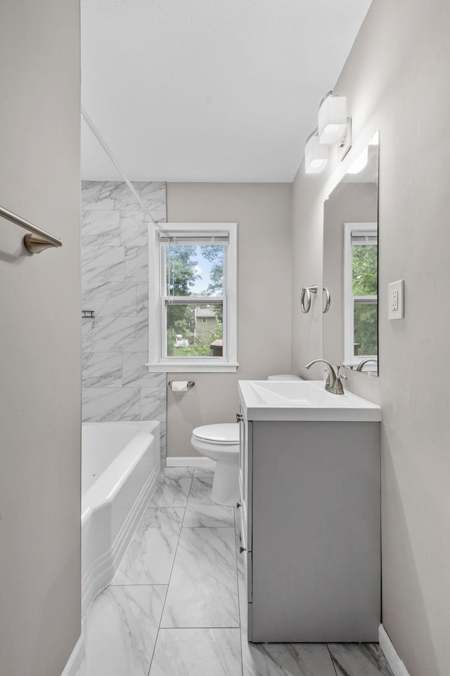 5814 Ewing Ave N, Brooklyn Center, MN 55429 - full bath with marble look tile flooring, plenty of natural light, vanity, and shower / bathtub combination