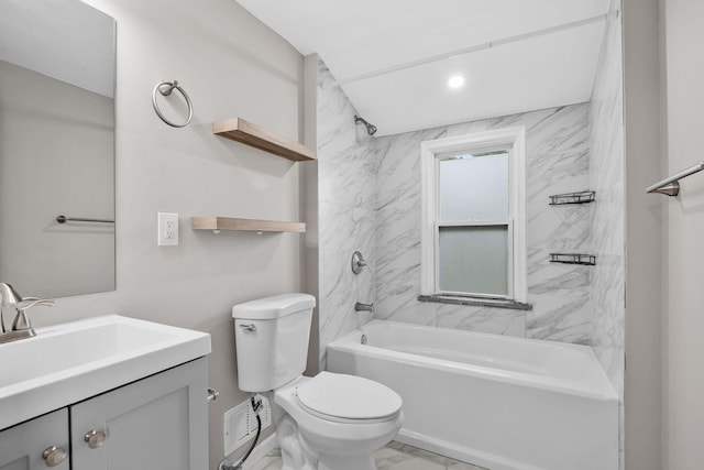 5814 Ewing Ave N, Brooklyn Center, MN 55429 - bathroom with marble look tile flooring, bathtub / shower combination, vanity, and recessed lighting