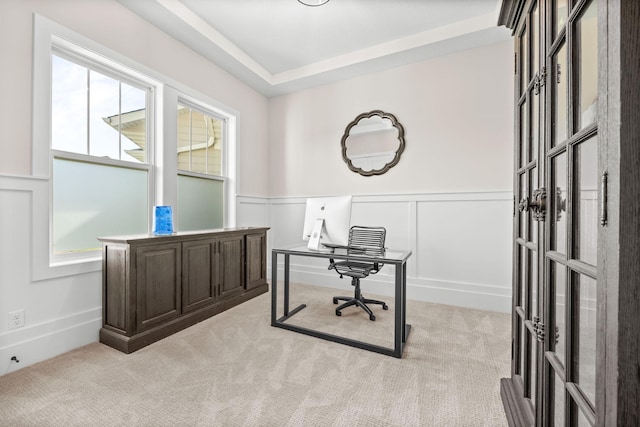 2995 86th St SE, Delano, MN 55328 - home office with light carpet, a wainscoted wall, and a decorative wall