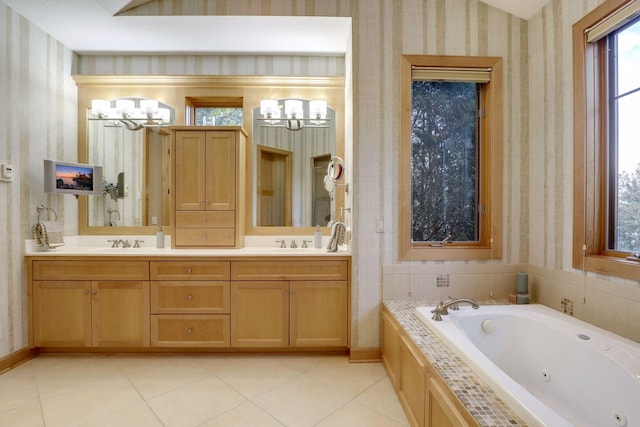 10025 Adam Ave, Inver Grove Heights, MN 55077 - bathroom with wallpapered walls, a chandelier, double vanity, tile patterned flooring, and a tub with jets