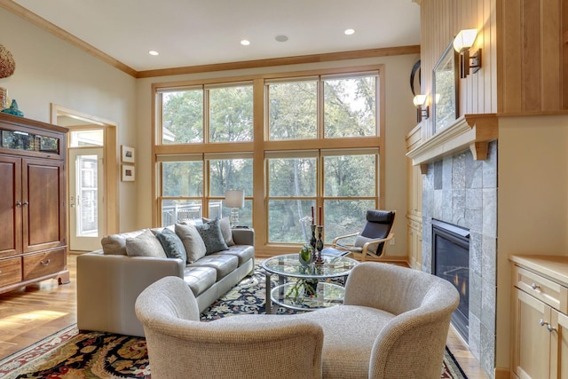 10025 Adam Ave, Inver Grove Heights, MN 55077 - living room with light wood-type flooring, a premium fireplace, healthy amount of natural light, crown molding, and recessed lighting