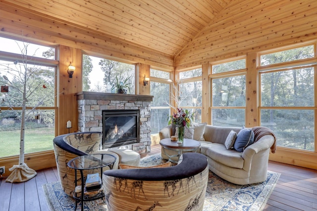 10025 Adam Ave, Inver Grove Heights, MN 55077 - sunroom / solarium featuring vaulted ceiling, hardwood / wood-style floors, a wooden deck, and wood ceiling