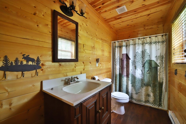 19489 Blue Ln E, Emily, MN 56447 - bathroom featuring wood walls, a baseboard heating unit, vanity, wooden ceiling, and lofted ceiling