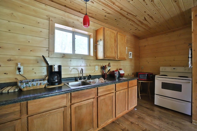 19489 Blue Ln E, Emily, MN 56447 - kitchen featuring white range with electric stovetop, a sink, dark countertops, wood ceiling, and dark wood-type flooring