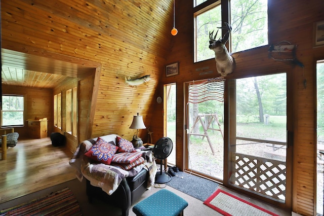19489 Blue Ln E, Emily, MN 56447 - living room with wooden walls, a towering ceiling, and wood finished floors
