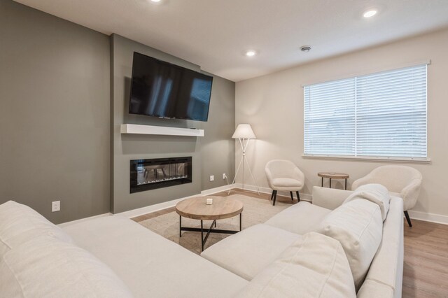 19236 Grass Lake Trl, Rogers, MN 55374 - living room featuring baseboards, recessed lighting, a glass covered fireplace, and wood finished floors