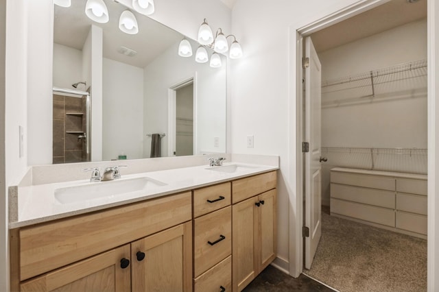 19236 Grass Lake Trl, Rogers, MN 55374 - full bathroom with double vanity, a spacious closet, and an enclosed shower