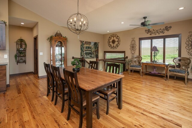 2238 Marvs Ln NE, Stewartville, MN 55976 - dining space featuring light wood-style flooring, recessed lighting, ceiling fan, a chandelier, and vaulted ceiling