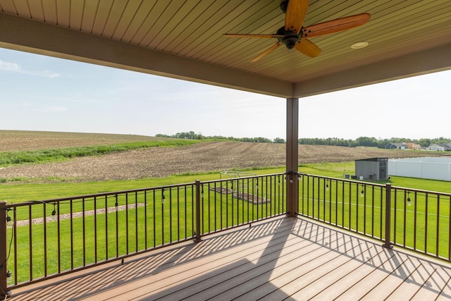 2238 Marvs Ln NE, Stewartville, MN 55976 - wooden terrace with a rural view, a ceiling fan, and agricultural plots
