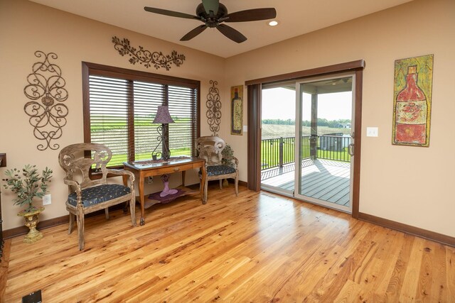 2238 Marvs Ln NE, Stewartville, MN 55976 - living area featuring light wood-style flooring, a ceiling fan, baseboards, and recessed lighting