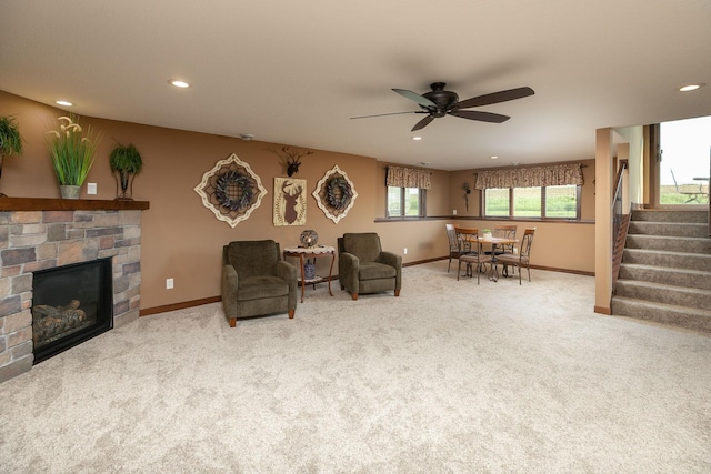 2238 Marvs Ln NE, Stewartville, MN 55976 - living room with a fireplace, stairway, carpet floors, recessed lighting, and baseboards