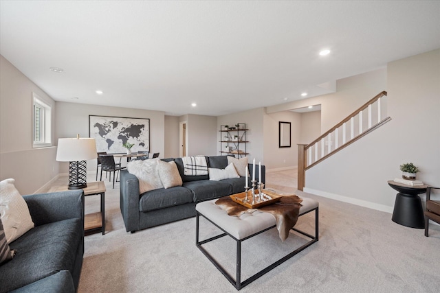 4980 Kyla Way SE, Prior Lake, MN 55372 - living area featuring recessed lighting, stairs, and light carpet