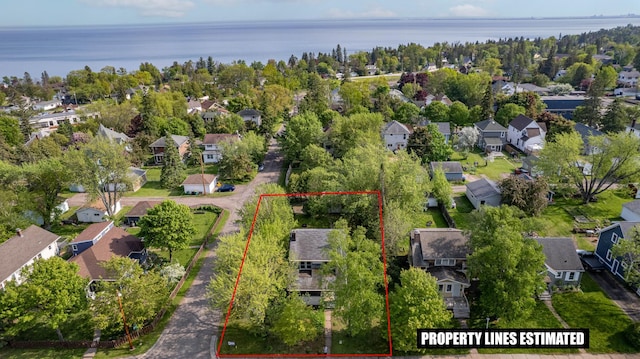 5232 Tioga St, Duluth, MN 55804 - aerial perspective of suburban area featuring property boundaries highlighted and a large body of water