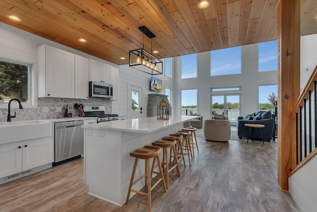 565 Brooks Lake Rd NW, Cokato, MN 55321 - kitchen featuring stainless steel appliances, wooden ceiling, white cabinets, open floor plan, and light wood-style flooring
