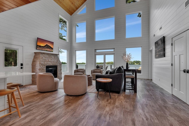 565 Brooks Lake Rd NW, Cokato, MN 55321 - living room featuring high vaulted ceiling, plenty of natural light, wood finished floors, a stone fireplace, and wooden ceiling