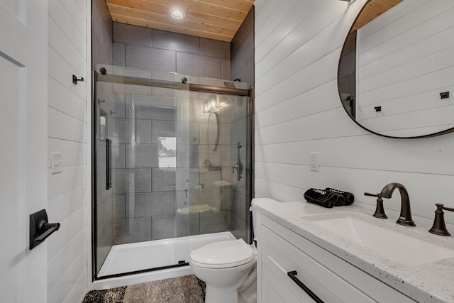 565 Brooks Lake Rd NW, Cokato, MN 55321 - bathroom featuring a stall shower, vanity, wooden ceiling, and wood walls