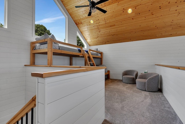 565 Brooks Lake Rd NW, Cokato, MN 55321 - bedroom featuring carpet flooring, wood ceiling, wooden walls, and vaulted ceiling