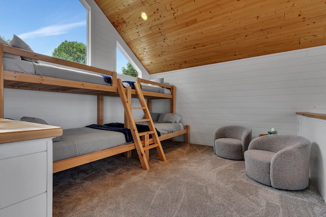 565 Brooks Lake Rd NW, Cokato, MN 55321 - bedroom featuring carpet floors, wooden ceiling, vaulted ceiling, and wooden walls