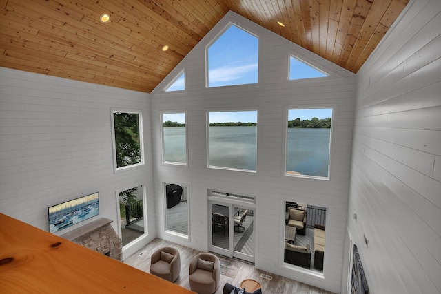 565 Brooks Lake Rd NW, Cokato, MN 55321 - living room featuring high vaulted ceiling, wood finished floors, wooden ceiling, a fireplace, and wooden walls