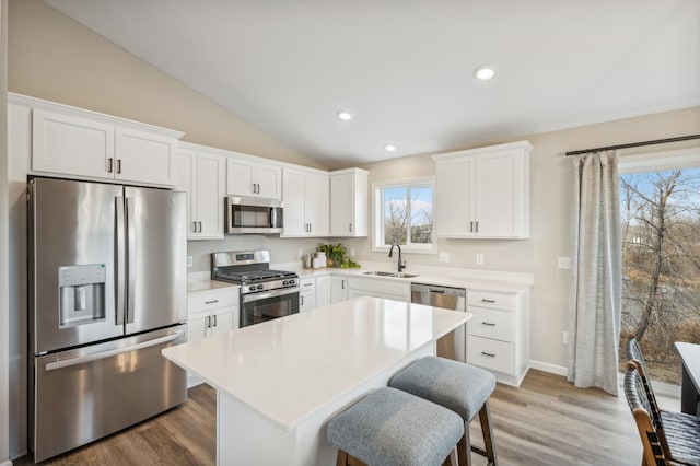 129 Terning Way, Howard Lake, MN 55349 - kitchen featuring stainless steel appliances, a sink, vaulted ceiling, light countertops, and a kitchen island