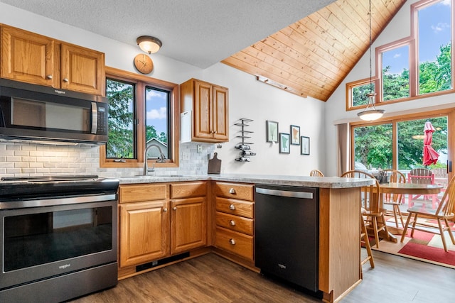 13771 Schuelke Beach Rd NW, Leaf Valley Twp, MN 56354 - kitchen with stainless steel electric range, black microwave, dishwashing machine, dark wood-type flooring, and brown cabinets
